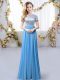 Romantic Blue Empire Scoop Short Sleeves Chiffon Floor Length Zipper Sequins Bridesmaid Gown