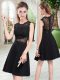 Excellent Scalloped Sleeveless Prom Party Dress Mini Length Lace Black Satin