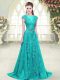 Best Selling Scoop Cap Sleeves Tulle Prom Dress Beading and Lace Sweep Train Zipper