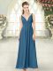 Blue Chiffon Backless Prom Dress Sleeveless Ankle Length Ruching