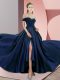 Free and Easy Navy Blue Off The Shoulder Sleeveless Sweep Train Backless