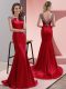 Suitable Scoop Cap Sleeves Prom Dress Sweep Train Beading Red Elastic Woven Satin
