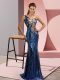 Fancy Sleeveless Sequined Sweep Train Lace Up Dress for Prom in Blue with Beading and Appliques