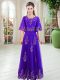 Customized Purple Tulle Lace Up Evening Dress Half Sleeves Floor Length Lace