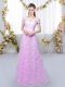 Superior Lilac Empire Tulle Off The Shoulder Cap Sleeves Appliques Floor Length Lace Up Bridesmaid Dress