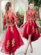 Unique Red Tulle Zipper Prom Dress Half Sleeves High Low Appliques
