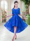 Artistic Half Sleeves High Low Zipper Prom Dresses in Blue with Lace