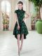 Green Lace Zipper High-neck Short Sleeves High Low Dress for Prom Appliques