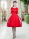 Red Scoop Lace Up Lace Prom Evening Gown Half Sleeves