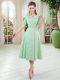 Tea Length Apple Green Dress for Prom V-neck Half Sleeves Zipper