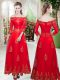 Red A-line Lace and Appliques Evening Dresses Tulle 3 4 Length Sleeve Floor Length