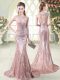 Sweet Scoop Sleeveless Prom Dresses Brush Train Beading Pink Sequined