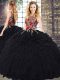 Glamorous Black Zipper Quinceanera Gowns Embroidery and Ruffles Sleeveless Floor Length