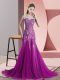 Exceptional Tulle Scoop Sleeveless Sweep Train Backless Beading and Appliques Evening Dress in Purple