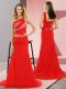 Red Prom Dress Prom and Party and Military Ball with Beading One Shoulder Sleeveless Sweep Train Lace Up