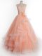 Luxury Peach Tulle Lace Up Straps Sleeveless Floor Length Quinceanera Dress Ruffles