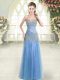 Chic Floor Length Zipper Homecoming Dress Blue for Prom and Party with Beading