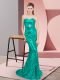 Luxurious Sleeveless Beading Lace Up Prom Gown with Turquoise Sweep Train