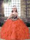 Superior Sleeveless Tulle Floor Length Lace Up Child Pageant Dress in Orange Red with Embroidery and Ruffles