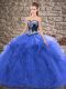 Fashion Floor Length Blue Quinceanera Dress Tulle Sleeveless Beading and Embroidery