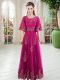 Modern Fuchsia Half Sleeves Floor Length Lace Lace Up Homecoming Dress