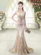 Gold Zipper Scoop Beading Prom Evening Gown Sequined Sleeveless Brush Train
