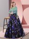 Printed Scoop Long Sleeves Sweep Train Lace Up Appliques Prom Gown in Multi-color