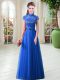 Exquisite Royal Blue A-line Tulle High-neck Cap Sleeves Appliques Floor Length Lace Up Prom Party Dress