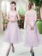 Belt Prom Dress Baby Pink Lace Up Half Sleeves Ankle Length