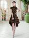 Stylish Brown A-line Appliques Prom Gown Zipper Lace Short Sleeves High Low