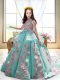 Luxurious Turquoise Sleeveless Court Train Appliques Pageant Dress for Girls