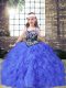 Blue Kids Pageant Dress Party and Wedding Party with Embroidery and Ruffles Straps Sleeveless Lace Up