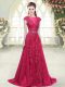Fantastic Pink A-line Scoop Cap Sleeves Tulle Sweep Train Zipper Beading and Lace and Appliques Dress for Prom