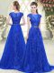 Sweep Train A-line Evening Outfits Blue Scoop Tulle Cap Sleeves Zipper