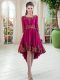 Long Sleeves Satin High Low Lace Up Prom Dresses in Fuchsia with Embroidery