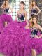 Colorful Fuchsia Sleeveless Organza Sweep Train Lace Up Quinceanera Dresses for Military Ball and Sweet 16 and Quinceanera