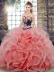 High Class Watermelon Red Lace Up Sweetheart Embroidery and Ruffles Sweet 16 Dress Tulle Sleeveless Sweep Train