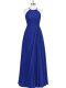 Royal Blue Column/Sheath Halter Top Sleeveless Chiffon Floor Length Zipper Ruching Formal Dresses