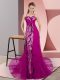 Modern Fuchsia Prom Gown Chiffon Sweep Train Sleeveless Beading and Lace