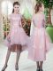 Low Price Baby Pink Tulle Lace Up Off The Shoulder Half Sleeves High Low Prom Gown Lace and Appliques