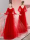 Hot Sale Floor Length Red Prom Dress Tulle Long Sleeves Beading