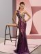 Purple Sequined Lace Up One Shoulder Sleeveless Homecoming Dress Brush Train Beading and Appliques