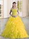 High End Yellow Quinceanera Dress Military Ball and Sweet 16 and Quinceanera with Beading and Lace and Ruffles Off The Shoulder Sleeveless Sweep Train Lace Up
