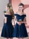 Elegant Navy Blue A-line Off The Shoulder Sleeveless Lace Mini Length Lace Up