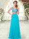 Aqua Blue Sleeveless Floor Length Beading Zipper Prom Dresses