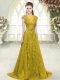 Colorful Scoop Cap Sleeves Sweep Train Zipper Prom Dress Gold Tulle