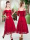 Tea Length Red Prom Gown Spaghetti Straps Half Sleeves Zipper