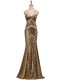 Sequined V-neck Sleeveless Sweep Train Backless Ruching Prom Dress in Brown