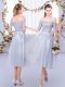Wonderful Grey Tulle Zipper Bridesmaid Dress Half Sleeves Tea Length Lace
