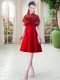Designer Knee Length Red Prom Party Dress Satin Cap Sleeves Lace